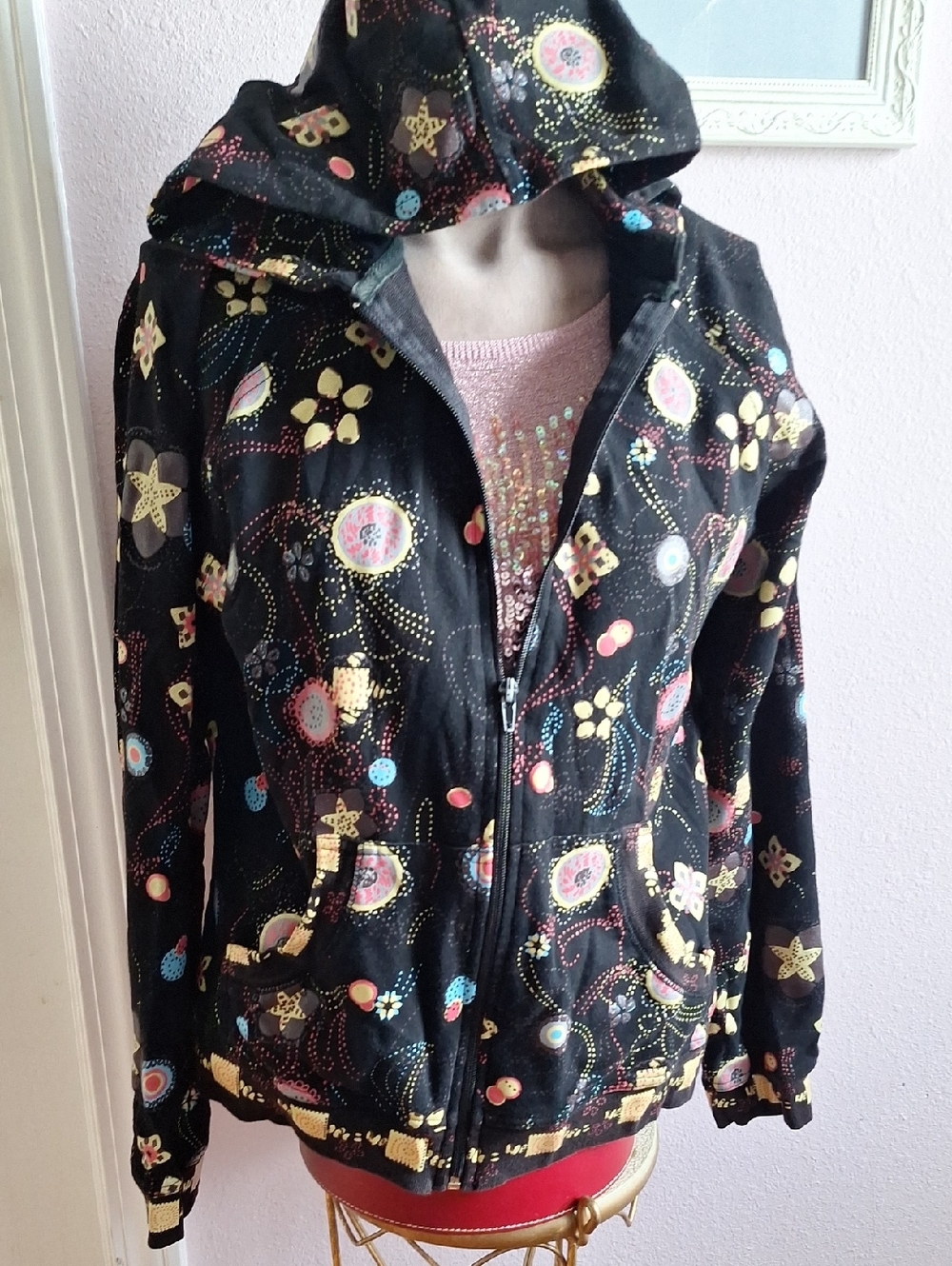 Soho Black Celestial Hooded Jacket with Multicolor Floral Print